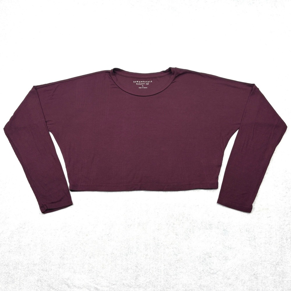 Aeropostale Slouchy Tee Womens Large Burgundy Ribbed Crop Long Sleeve Top L